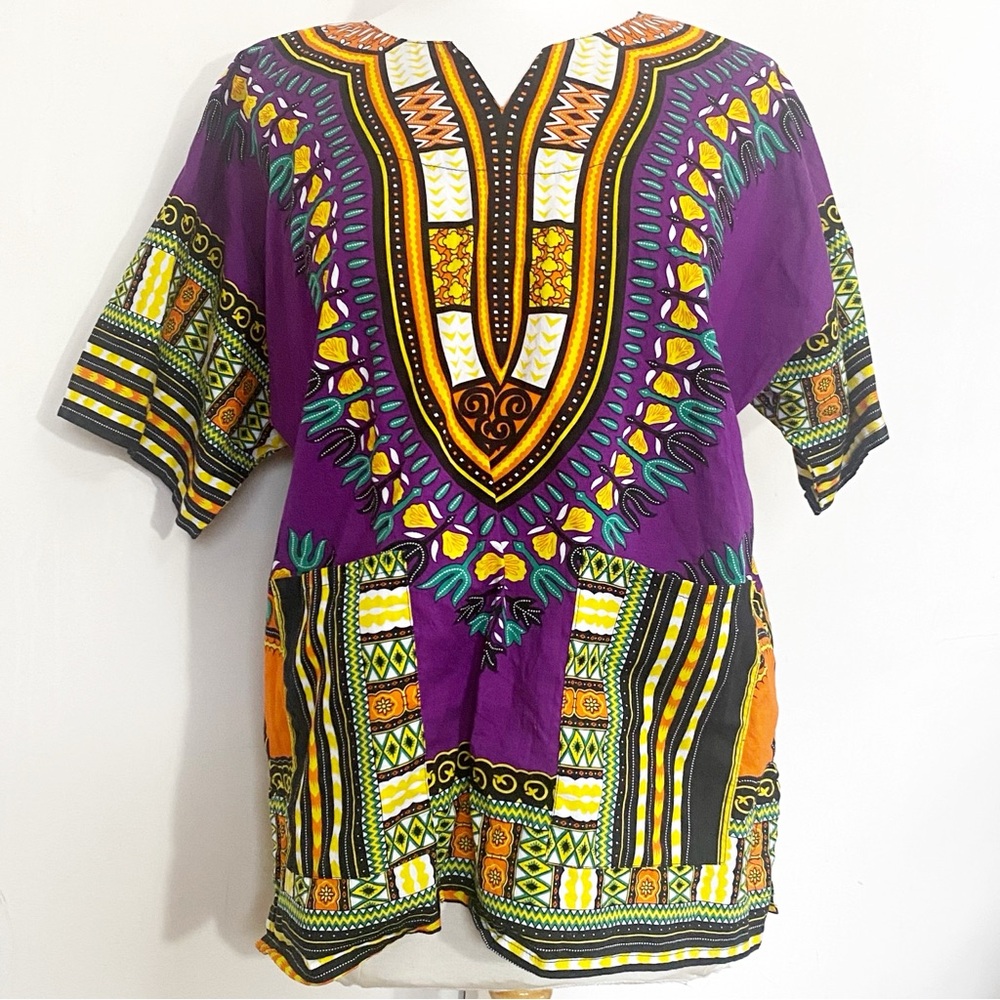 Lofbaz Purple and Orange 100% Cotton Dashiki Top With Pockets M
